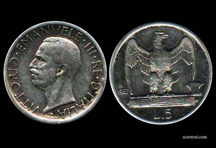 Серебряная монета Италии достоинством 5 лир с портретом Виктора Эммануила III, 1927 год